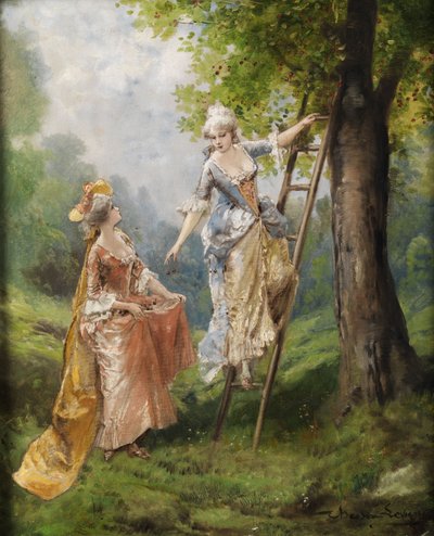 Two Ladies in Rococo Costume Picking Cherries by Theodor Leveque